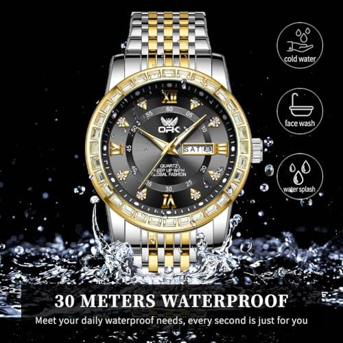 Image of OPK Watches for Men Diamond Roman Analog Mens Watches Waterproof Large Stainless Steel Men Wrist Watch Business Father Gift Watch Blue