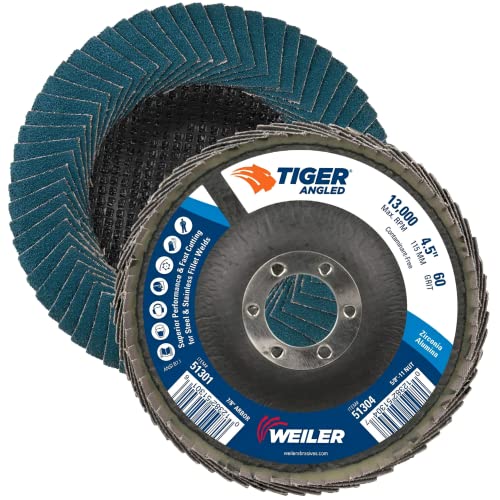 Image of Weiler 51301 4-1 /2 inch Tiger Angled Flap Disc, Cloth Backing, Zirconia Alumina 60Z Grit, 4-1 /2 inch Diameter (Pack of 10)