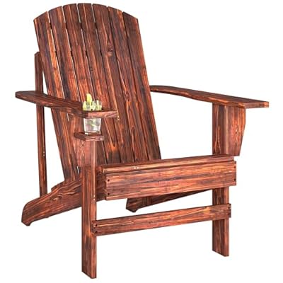 Outsunny Wooden Adirondack Chair, Outdoor Patio Lawn Chair with Cup Holder, Weather Resistant Lawn Furniture, Classic Lounge for Deck, Garden, Backyard, Fire Pit, Brown