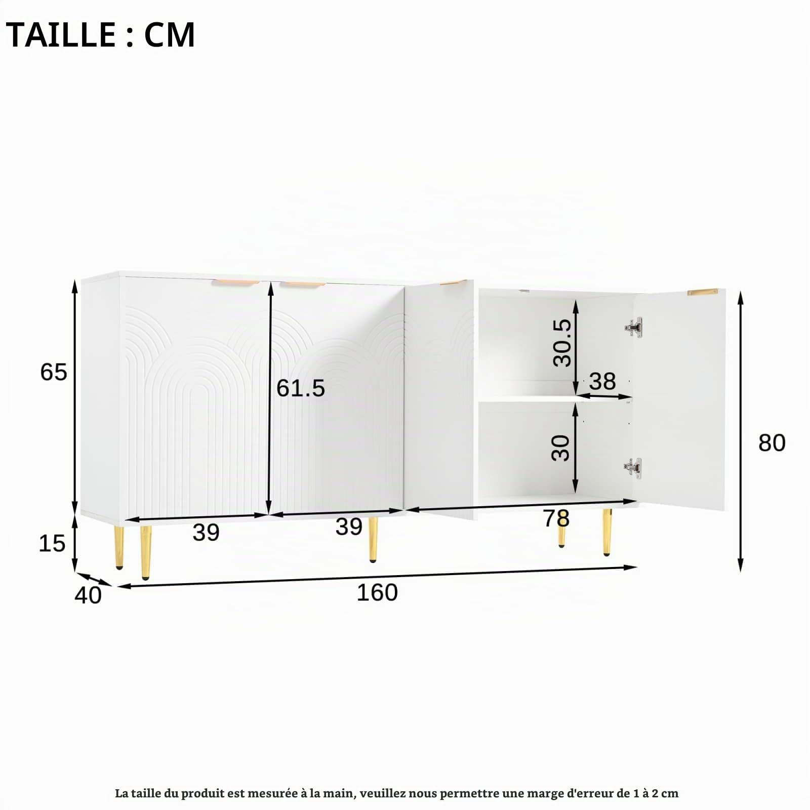Sweiko Meuble de Rangement 160x80x40cm, Armoire de Cuisine 4 Portes avec Poignées Dorées Brossées et Pieds Brillants, Beaucoup d’Espace de Rangement pour Le Salon et la Cuisine (White)