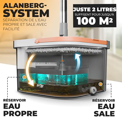 Serpillière et seau essoreur ALANBERG avec 2 tampons microfibre gris - 3