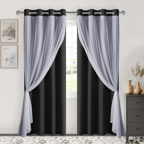 Image of DWCN Black Blackout Curtains with Sheer Overlay with Tiebacks 84 Inch Long