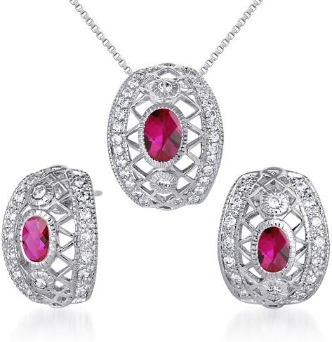 PEORA Created Ruby Pendant Earrings Necklace Sterling Silver Oval Cut 2.00 Carats, Ruby Jewelry Set, Gemstone Necklace & Earrings