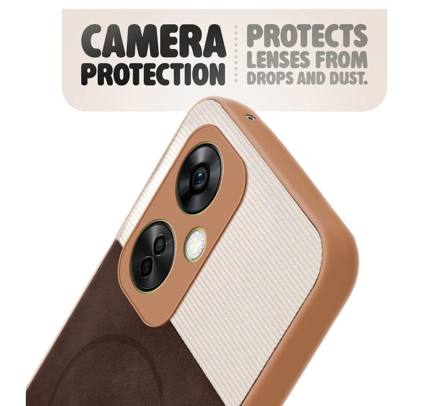 Image of Bintage CASE Mac Safe Design Hard Light Weight Back Case | Soft Border Camera Protect | Dual PU Leather Finish Back Cover Compatible for OnePlus Nord CE 3 Lite 5G - White & Cherry Brown