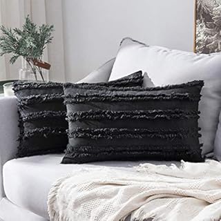 MIULEE Pack of 2 Throw Pillow Decorative Cushion Covers Tassels Design Home Soild Case for Sofa Chair Couch Bedroom Decorative Pillowcases 12x20inch 30x50cm Black