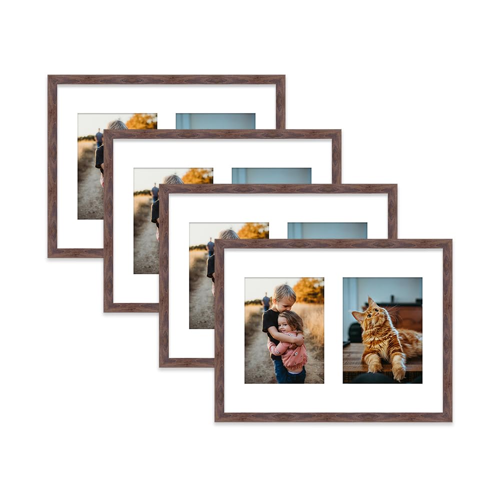 Walnut Multi Photo Frame - Holds 2 x 8x6 Pictures, Family Collage Picture Frame for Wall Display, 16x12 Frame size, Set of 4