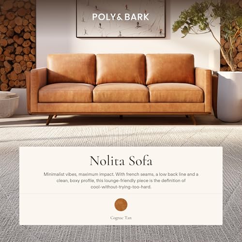 Image of POLY & BARK Nolita 85 inch Leather Sofa - Full-Grain Italian Aniline Leather, Feather-Down Comfort, Solid Wood Base - Cognac Tan