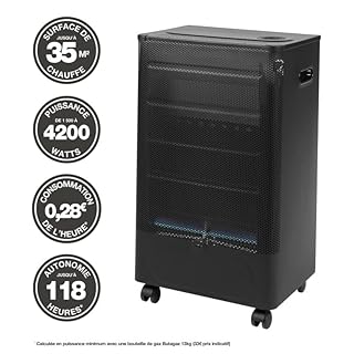 FAVEX - Chauffage d'appoint à gaz Praha Blue Flame Équipé - Prêt à l'emploi livré avec tuyau et détendeur - Intérieur - Brûleur Inox Infrableu - 3 Puissances de chauffe - jusqu'à 40 m² - Noir