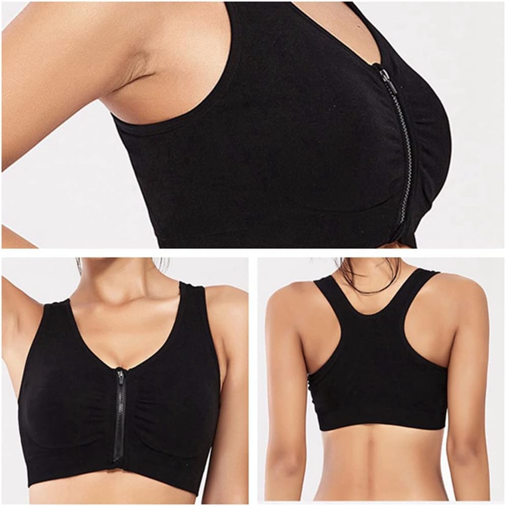 INIBUD Women's Zip Front Sports Bra Racerback Post Surgery Wirefree Seamless Removable Pads Yoga Plus Size Workout Running