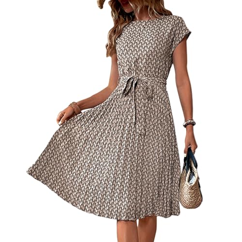 Sommerkleid Damen Knielang Elegant Plissee Kleider Mit Gürtel Sommerkleider Damen Leicht Und Luftig Damenkleider Frauen Sommer Kleid Geblümt...