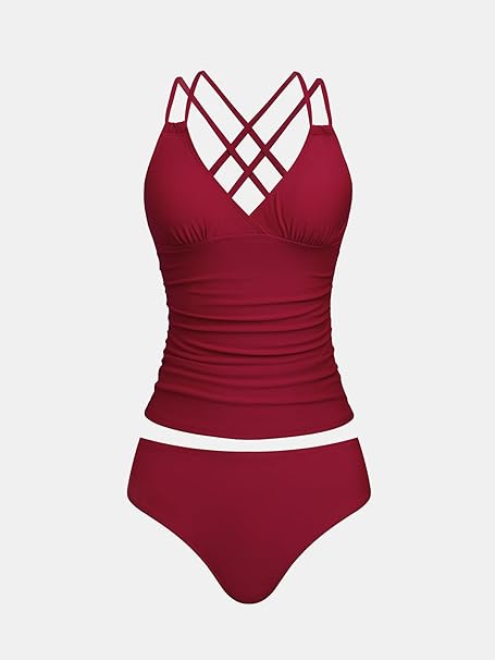 CUPSHE Dames Zwempak Tankini met Buikcontrole, Zwemkleding met Kruis op de Rug, Midden Bindsluiting, Schelpstiknaad, Rood, XS