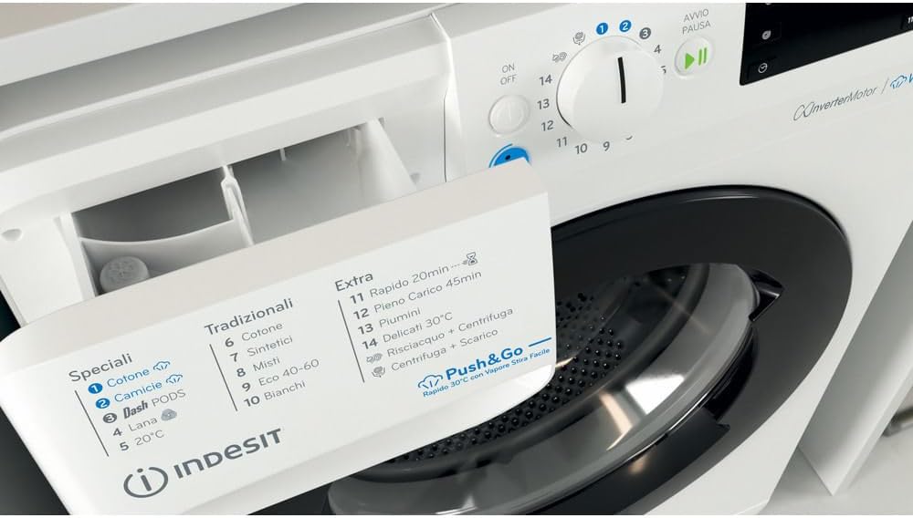 Open detergent dispenser drawer of the Indesit washing machine