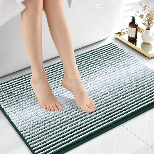 Image of OLANLY Small Bathroom Rugs 24x16, Extra Soft Absorbent Chenille Striped Bath Rugs, Rubber Backing, Machine Wash, Bath Mats for Bathroom Floor, Tub and Shower, Home Decor Accessories, Blackish Green