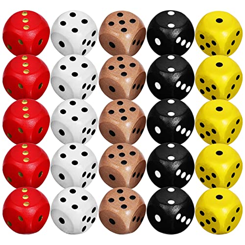 Toyvian 25pcs Dice Set Colored Wooden Dice Math Dice, 16mm Board Games