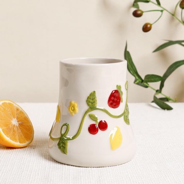 Juego de Accesorios de baño de cerámica de 4 Piezas con dispensador de jabón de Fresa, dispensador de jabón de Manos, Vaso, Soporte para Cepillo de Dientes y jabonera para decoración