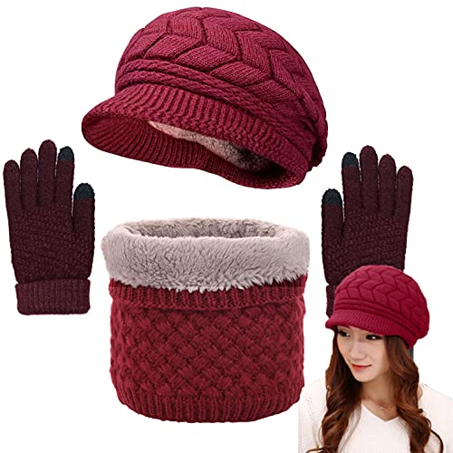 CheChury Wintermütze Damen Beanie Strickmütze Barett mit Fleecefutter Warme Schirmmütze Gestrickt Winter Mütze Schal Handschuh Sets Touchscreen Outdoor-Rot-One Size