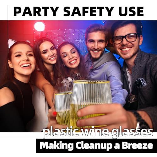 Image of Lueumxc 36 Pack Plastic Wine Glasses, 15Oz Gold Rim Origami Disposable Wine Glasses Unbreakable Clear Plastic Cocktail Glasses Recyclable Shatterproof Reusable Wine Cups