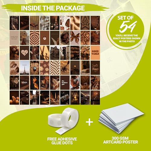 Image of MODERN GALLERY MART Pack of 54 Brown Aesthetic Wall Collage Kit Posters - 4 x 6 Inches Posters for Wall Decoration - Wall Art For Bedroom, Office, Living room, Dorm room - Glue Dots Included