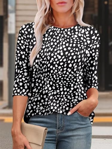 KISSMODA Tunic Tops for Women Loose Fit Dressy Round Neck Pleated 3/4 Length Sleeve Spring Tops