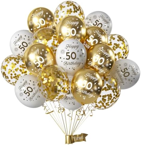 Yiran 50th Birthday Balloons, White Gold Number 50 Balloons, 15Pc...