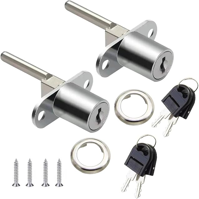 CL-Lin 2 Piece Drawer Lock Silver Plunger Lock with Key for Filing Cabinets Wardrobe Display Cabinet Furniture, Diameter 16 mm, Length 61 mm (Key Different)