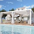 MELLCOM 12x20ft Louvered Pergola with Curtains and Nets, Aluminum Pergola with Adjustable Rainproof Roof, Outdoor Hardtop Gazebo for Patio, Backyard, White