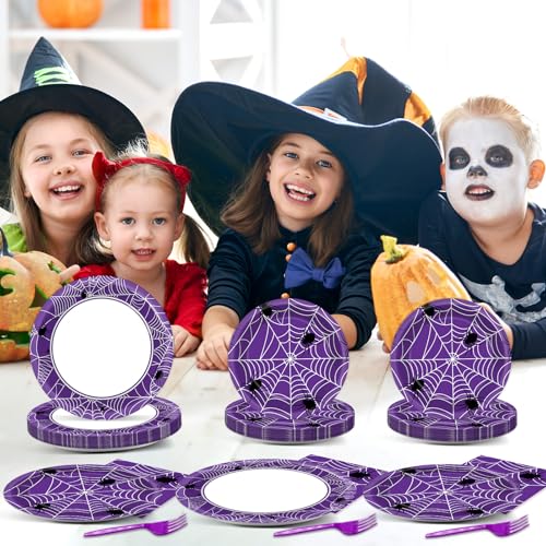 Image of Qyeahkj 100 Pcs Halloween Birthday Party Supplies Paper Plates and Napkins Set Disposable Spider Web Tableware Decorations for Halloween Theme Baby Shower Serves 25