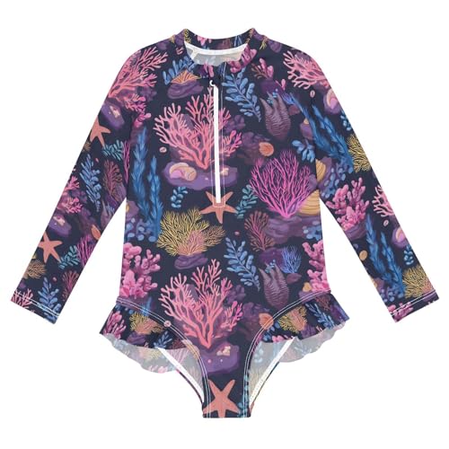 ALAZA Coral Reef Starfish Black Girls One Piece Swimsuit Long Sleeve Rash Guard Swimsuits UV 50+ Swimwear Zipper