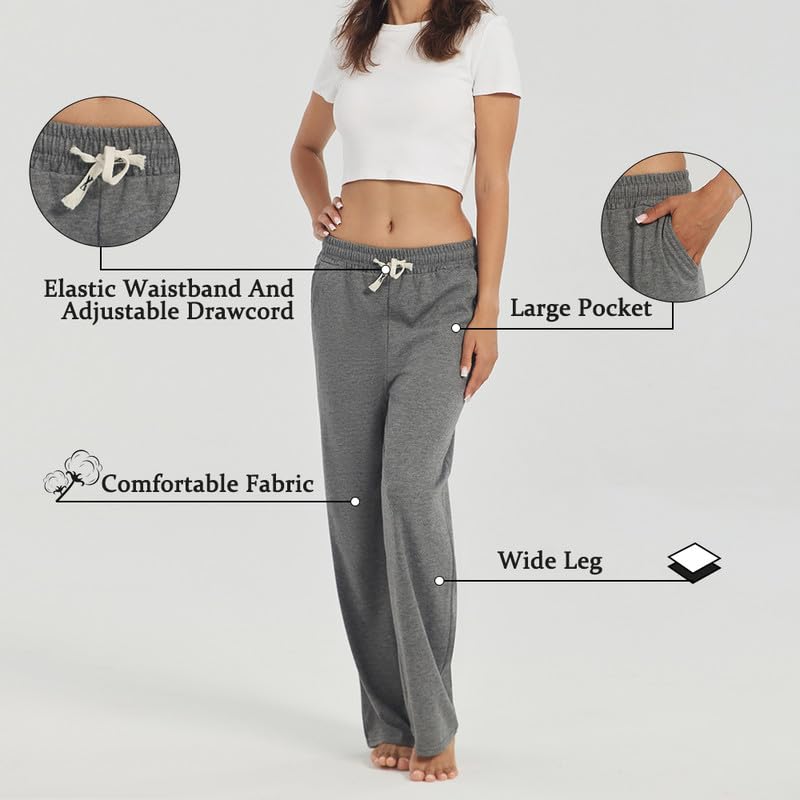 3-Pack Womens Lounge Pants with Pockets, Wide Leg Sweatpants, Soft Comfy Pajama Bottoms with Drawstring Waist3