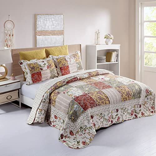 Yayiday Patchwork Bedspread Quilt Set Oversized King (Touch Floor Size) - Reversible Breathable Colorful Blanket Floral Quilted Coverlet With Shams, Country Rustic Bohemian Pattern Rural #TOP5