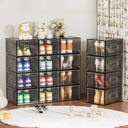 Image of caktraie 6 Pack Thicken Shoe Organizer Stackable,Upgraded Sturdy Shoe Storage Box with Magnetic Door,Shoe Containers For Sneaker Display,Hat Organizer,Black