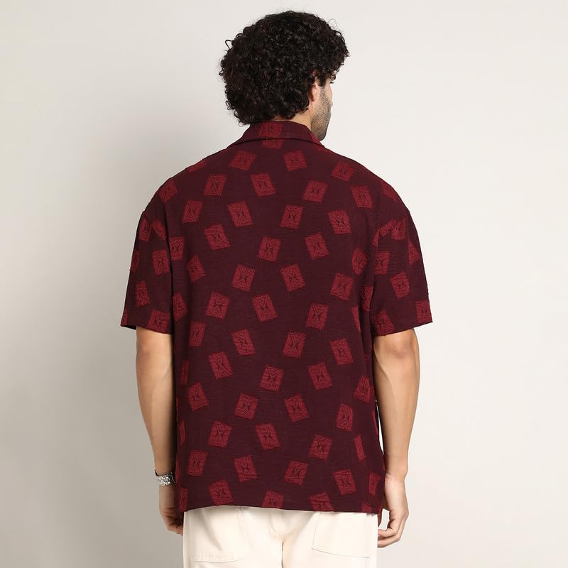 Image of CAHOOT Men's Oversized Shirt for Casual Wear | Cuban Collar | Short Regular Sleeves | Button Closure | Oversized Shirt Crafted with Comfort Fit for Everyday Wear