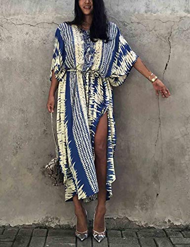 Orshoy Womens Beach Bikini Cover Up Rayon Kaftan Dress Sarong Tunic Swimsuit Swimwear Plus Size A-Blue - Image 2