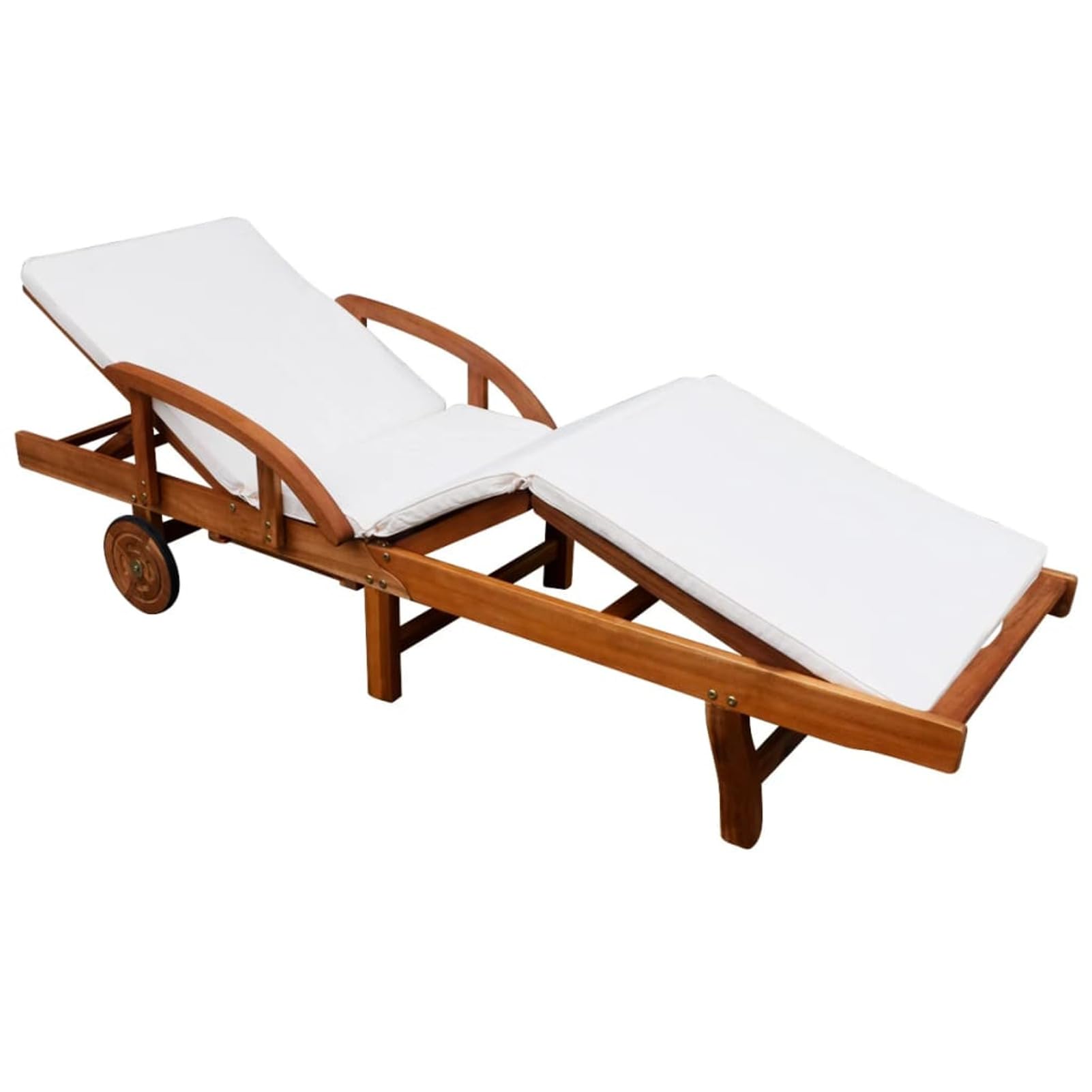 Homgoday Chaise Longue avec Coussin Bois d'acacia Solide, Bain de Soleil de Jardin Dossier Réglable, avec Roues, Lit de Camping Transat de Relax pour Plage, Extérieur, Balcon, Terrasse A