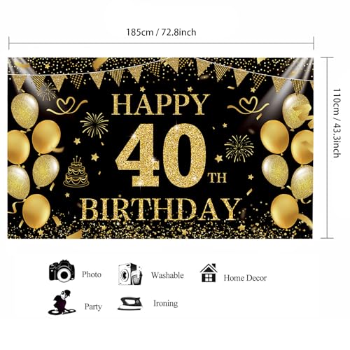 Image of Black Gold 40th Happy Birthday Backdrop Banner Photography Background Decorations for Men Women Forty Years Anniversary Party Accessories Supplies 72.8 * 43.3in