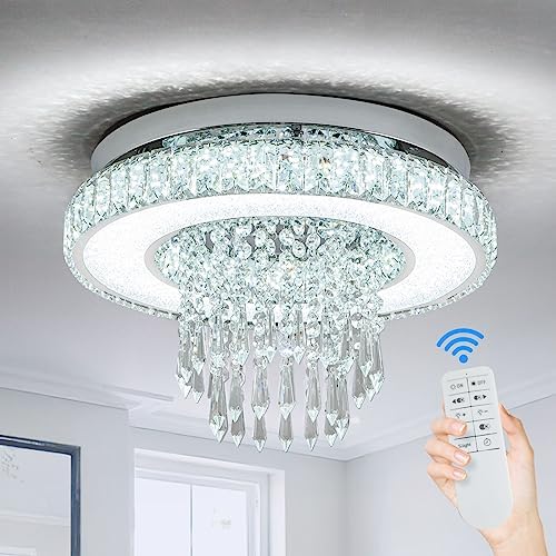 OCWHT Dimmable Crystal Chandelier for Living Room Chandelier Ceiling Light Fixture Modern Flush Mount Chandelier Light LED Chandelier for Dining Room Hallway Bedroom Chandelier with Remote Control
