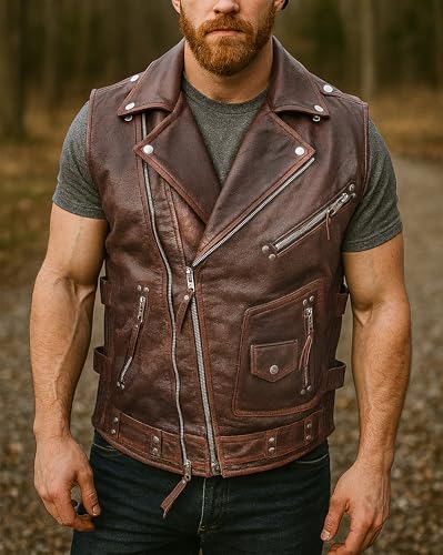Motorcycle Vest Outfits For Men - Vintage Biker Genuine Leather Vests Collection4