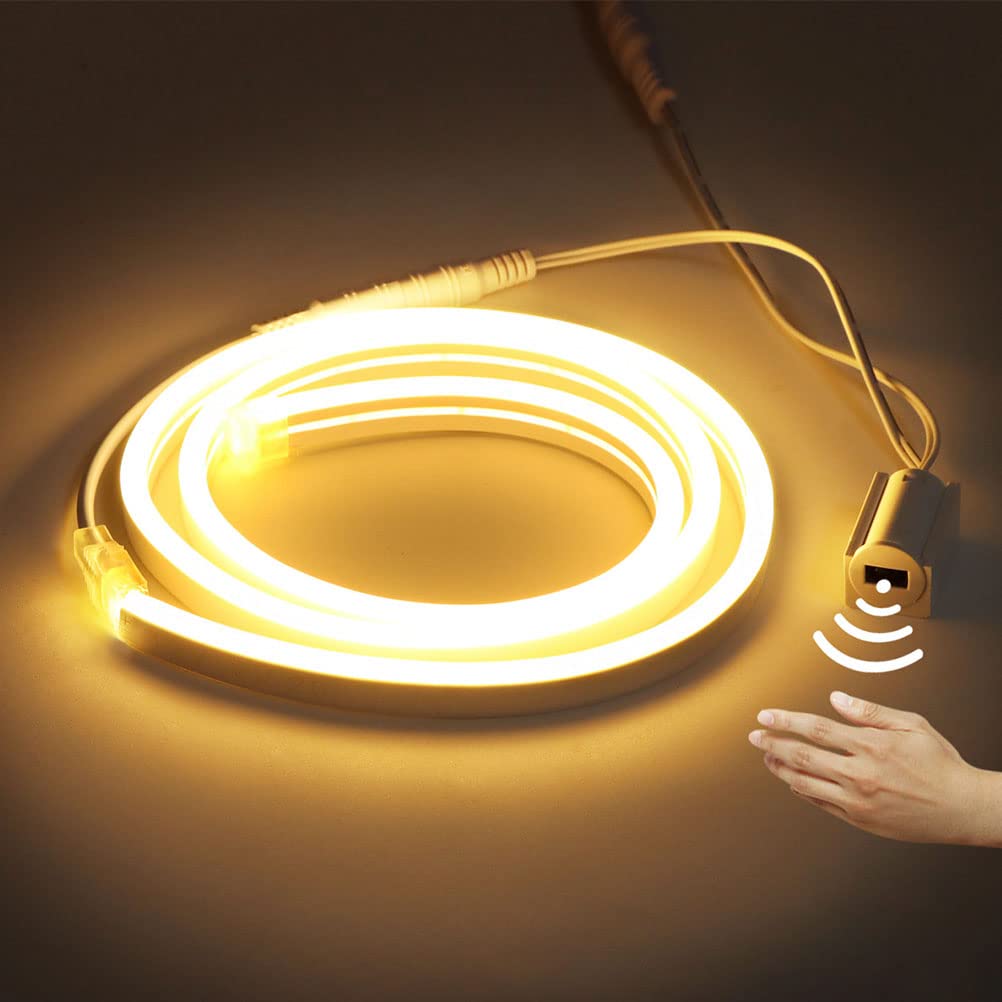 LED Strip mit Bewegungsmelder, 3500K Warmweiss LED Streifen Flexibler Neon LED Streifen für DIY Streifen Schrankbeleuchtung 12V Silikon Neon Streifen mit Netzteil und Controller ​für Schrank Trepp,5m