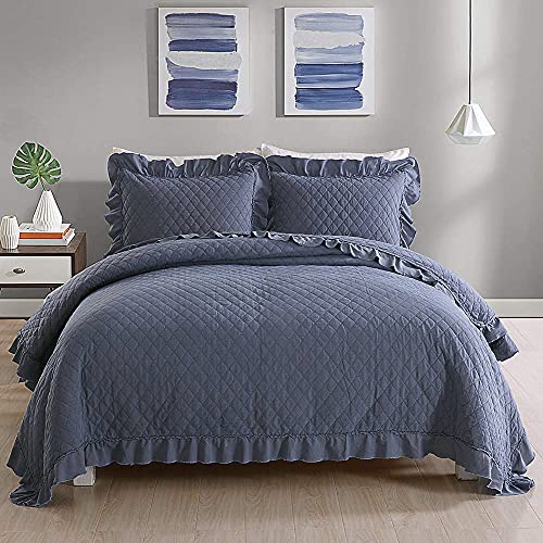 Black Friday - 50% OFF JML Quilts King Size, Stone Washed Microfiber 320GSM 3 Pieces Bedspreads Coverlet with Ruffle - Vintage Super Soft Quilt Set, Navy Blue