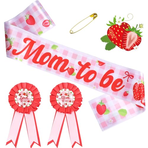 Image of Strawberry Baby Shower Decorations - 3 Pcs Berry Sweet is on The Way Mom and Dad to Be Sash Badge Pins Sets for Girl Pink Gender Reveal Party Maternity Corsage Belly Belt Keepsake Supplies