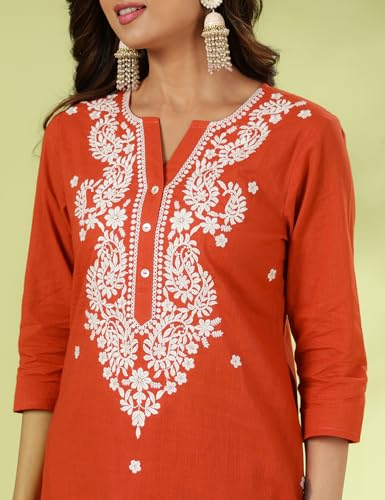 Image of Kaari Chikankari Embroidered Kurta Set for Women- 100% Cotton | Yoke Detailing | Three Piece Kurta Set with Dupatta | Sleeve