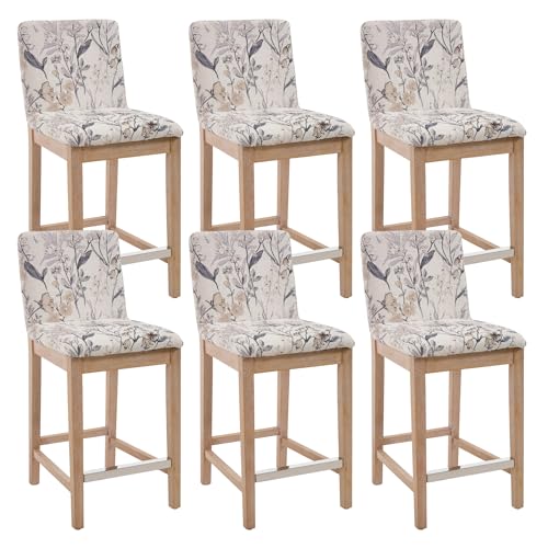 Counter Height Bar Stools Set of 2 Linen Fabric Upholstered Kitchen Island Stools with Back 26 Inch Mid Century Rectangle Wood Barstool for Dining Room/Home Bar/Patio, Beige