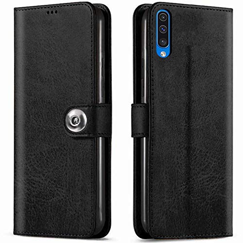 Image of TheGiftKart Genuine Leather Finish Flip Cover for Samsung Galaxy A50s / A50 / A30s | Inside Pockets & Inbuilt Stand | Wallet Style Back Case | Designer Button Magnet Closure (Black)