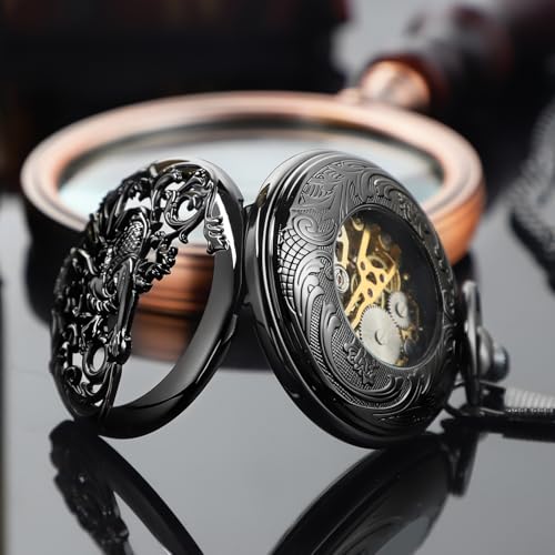 Image of Hand Winding Hollow Roman Numerals Mechanical Pocket Watch Steampunk Mens Watches