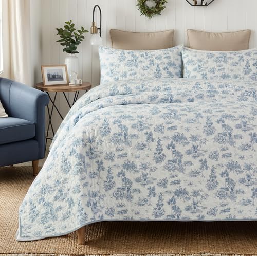 Brandream Full Size Quilt Set Cotton Blue Toile Bedding Vintage-Inspired Quilt Bedding Set 3-Piece