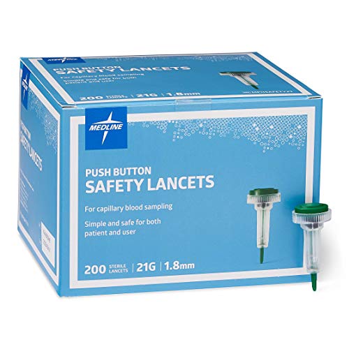 Image of Medline Sterile Safety Lancets with Push-Button Activation, 21G x 1.8 mm, Box of 200: Dependable Blood Sampling Device for Blood Glucose Testing