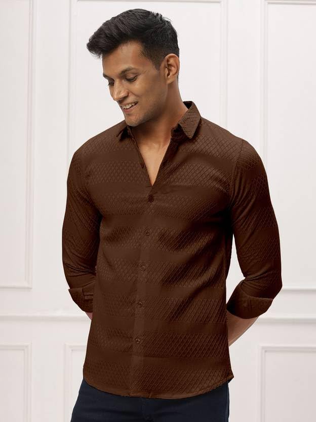 Image of Men's Polycotton Casual Textured Button Down Regular Fit Shirts Long Sleeve Shirt