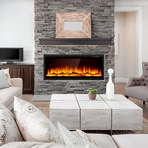 Euhomy Electric Fireplace, 50" Recessed And Wall Mounted Electric Fireplace, Linear Fireplace With 12 Color Flame 5 Flame Settings, Operating Buttons And Remote Control, Log Set And Crystal 750/1500W #TOP6