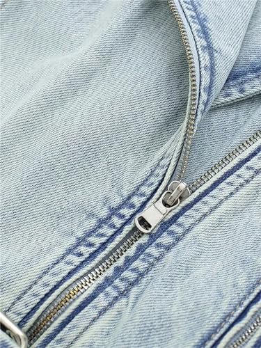 Women's Fashion Biker Denim Jacket Short Vintage Lapel Long Sleeve Zipper Belt Jean Coat4
