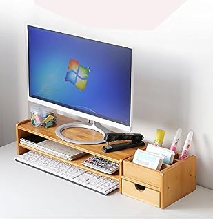 Woodluv Bamboo PC Laptop Monitor Riser Screen Stand Study Table Desk Monitor Tidy Organizer with 2 Shelves, 1 Drawer & Dedicated Stationary Slots